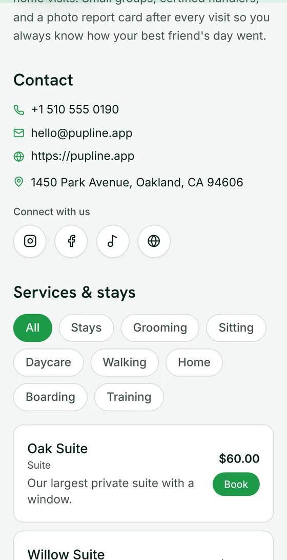 A branded public booking page on a client's phone